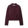 Women's deep burgundy zip-up knit cardigan with a lapel collar and side pockets - S / Dark Red