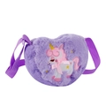 Detailed embroidery of a pink unicorn on a purple heart-shaped plush crossbody bag - Pure Purple