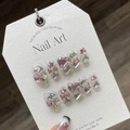 Handmade sparkly press-on nails with pink 3D hearts and crystal rhinestone gems - L / Full Diamond Girl