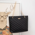 Elegant black V-quilted faux leather tote bag with gold chain strap and metal hardware - Black