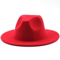 Close-up of red wool felt fedora hat featuring classic wide brim and pinched crown - M (56-58cm) / Red