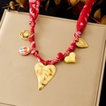Bohemian floral fabric necklace with red bandana pattern and gold heart charms - Bohemian Style Pendant Necklace (N3895)