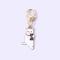 Cute white cartoon cat holding a smartphone keychain with gold heart clasp - Phone Cat