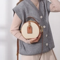 Elegant two-tone round leather crossbody bag in beige and brown with adjustable strap - 17X15X8 / White and Brown