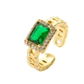 Luxury gold chain ring with emerald-cut green zircon and shimmering white diamonds - Adjustable Open / Chain Texture Rectangular Stone / Green