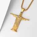 Detailopname van de vergulde Jezus hanger ketting met schitterende strass-steentjes - 60cm Ketting / Goud