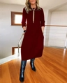 Detail view of the elegant wine red round neck and long sleeve midi dress fabric - S / Tops / Burgundy