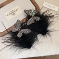 Retro silver hair clip set featuring crystal rhinestones and black feather tassels - 16# Duckbill Clip-Black-Butterfly-Pair
