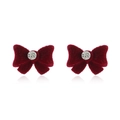 Elegant burgundy velvet bow stud earrings with sparkling crystal center on white background - Velvet Bow Stud Earrings