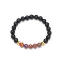Black lava stone beaded bracelet with rainbow malachite accents and golden spacers - Red