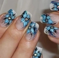 Handmade press-on nails featuring white gradient, blue floral patterns, and rhinestones - K042【24pcs】 / Boxed (jelly Gel + Granules)