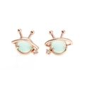 Detail of rose gold alien stud earrings featuring translucent green gemstones and zircon - Alien Planet Style (EH00639) / Rose Gold