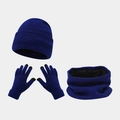 Close-up of blue winter knit set with thick fleece lining and touchscreen glove tips - Navy Blue
