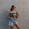 Blue and gold paisley pattern satin square scarf worn as a stylish top with shorts - Paisley Blue