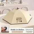 Foldable thermal food cover in cream white with kitchen print and suction cup design - Diameter 70cm / Round/Cream and Brown