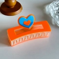 Square orange hair claw clip with blue heart detail for women, large hair accessory - Orange