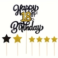 Black and gold Happy 18th Birthday cake topper set with glitter stars on white background - 18 Years Old