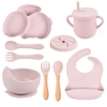 Pink silicone baby feeding set with divided plate, bowls, cups, bib and wooden handle cutlery - Full Tableware Set (Pink/Y26)