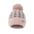 Pink houndstooth knit beanie with fur pom pom and warm fleece lining for women - L (58-60cm) / Pink