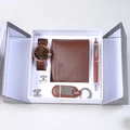 5-piece men gift set with brown leather watch, wallet, keychain, pen and silver cufflinks - 6-Piece Coffee Set (Watch + Wallet + Keychain + Cufflinks + Pen + Double Door Box)