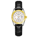 Classic quartz watch featuring gold fluted bezel, white crystal dial, and black leather strap - Black Strap Two-tone Case White Dial Women