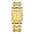 Business rectangular gold stainless steel quartz watch with calendar and metal link band - Full Gold