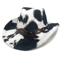 Cappello da cowboy con stampa mucca in ecopelliccia e cinturino in pelle con testa di toro - Corona a Cuore Nero (Stampa Mucca Bianca e Nera)