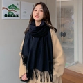 Classic black cashmere-feel thick scarf with elegant long fringes for winter warmth - 300g Wool Blend Style / Black