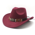 Burgundy wool felt western cowboy hat with cattle head buckle leather band - M(56-59CM) / Burgundy