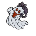 Halloween enamel pin featuring a white ghost carrying a purple cat on a metal base - Ghost Carrying Purple Cat (C2824-5)