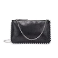 Detail of black crossbody bag with silver bead edges and metallic chain strap - PU Leather / Black