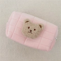 Quilted pink plush pouch featuring an adorable 3D bear embroidery for stationery or makeup - Pink (Milk Tea Bear)