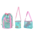 Three-piece mint green mesh beach bag set with pink straps and drawstring closure - Green Mesh Bag 3-Piece Set (Shoulder+Bucket+Handbag)