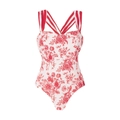 Dettaglio del costume intero a fiori con strisce rosse e motivo floreale vintage - S / Costume intero