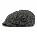 Classic dark grey herringbone newsboy cap with vintage wool texture in a front view - Adjustable / Black