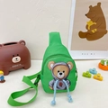 Kids green cartoon bear crossbody bag with adjustable strap for outdoor travel - Green