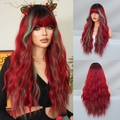 Long wavy synthetic hair wig in red with green highlights and blunt bangs for Christmas - Red Mixed Green