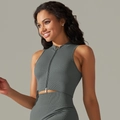 Women's charcoal grey seamless yoga set with ribbed zip-up top and high waist leggings - Vest - Dark Gray