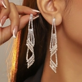 Elegant silver-tone tiered tassel earrings with shimmering clear rhinestones - Silver Tiered Geometric Tassel Earrings