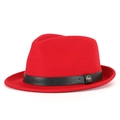 Classic bright red wool felt jazz fedora hat with black leather belt and golden M metal badge - Red-Black Belt