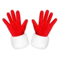 Detail von roten Weihnachtshandschuhen mit weißem Kunstpelzbesatz auf weißem Hintergrund - Rote Goldsamt Handschuhe (Paar)