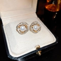 Elegant vintage small pearl stud earrings with diamond halo and gold-plated finish - Gold Wrap Zirconia Pearl Stud / Gold