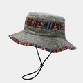 Ethnic style washed grey canvas bucket hat with woven patterns and adjustable wind rope - One Size / Army Green