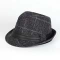 Close-up of retro grey plaid wool fedora hat with black leather trim and red stitching - 58cm (Adjustable) / Black Plaid (with Leather Band)