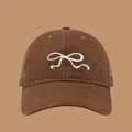Dark brown UV protection baseball cap with minimalist white bow embroidery in cotton - Side Astronaut Embroidery Baseball Cap / Coffee