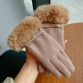 Guanti invernali in maglia marrone chiaro con polsini in peluche e funzione touch - Taglia unica / S082 Pelliccia Cachi--Etichetta in Tessuto