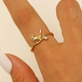 Close-up of golden crown bird ring with branch-like band and white sparkling gemstone - Crown Bird With White Rhinestone Style (4438)