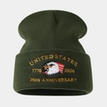 Close-up of US Marine Corps eagle embroidery on green 250th anniversary knit beanie - Army Green