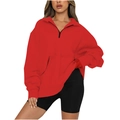 Women's red half-zip pullover sweatshirt with long sleeves and lapel collar in solid color - Red