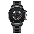 All-black Geneva quartz watch for men with teal markers and metal link strap - Blue Hands Black Dial Black Band (Flat End)